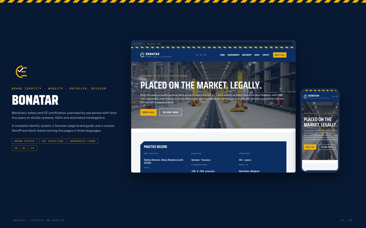 The Bonatar site: navy and yellow rating-plate blocks over industrial automation photography.